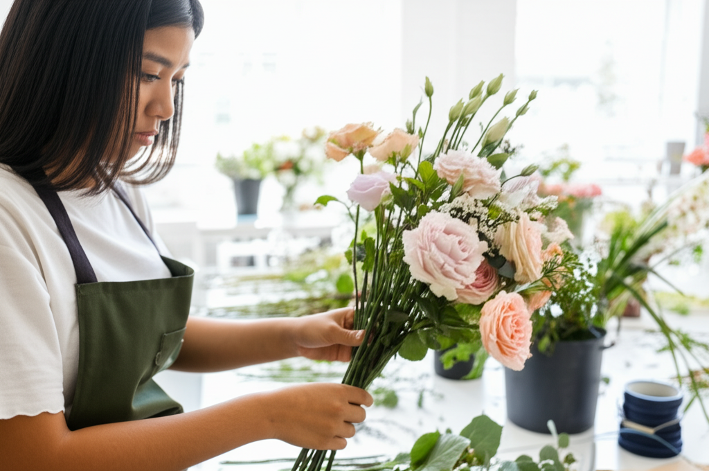 Wedding vendor arranging flowers